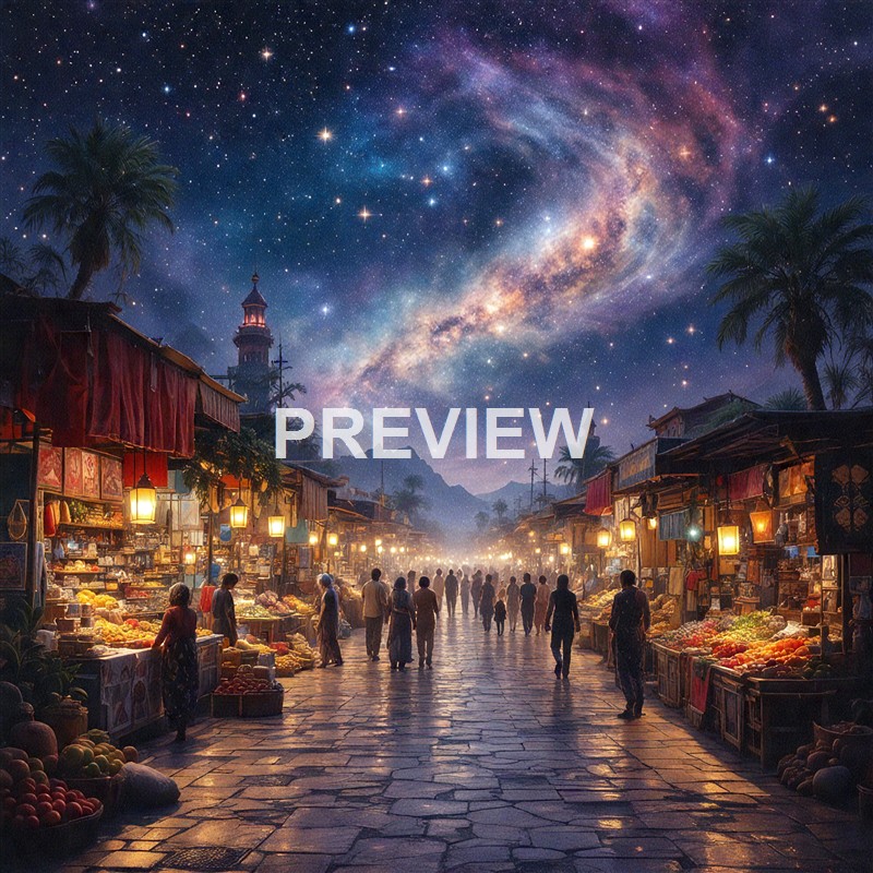A bustling night market street with vendors selling fruits and goods, illuminated by warm lanterns, under a stunning starry sky with the Milky Way galaxy visible overhead.